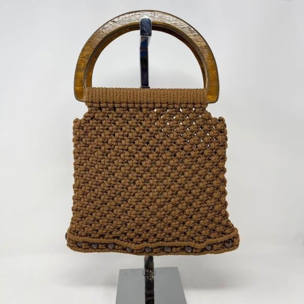 VTG Crochet Purse Wood Handles Dark Brown Boho Macrame Woven Knit Beaded Sturdy